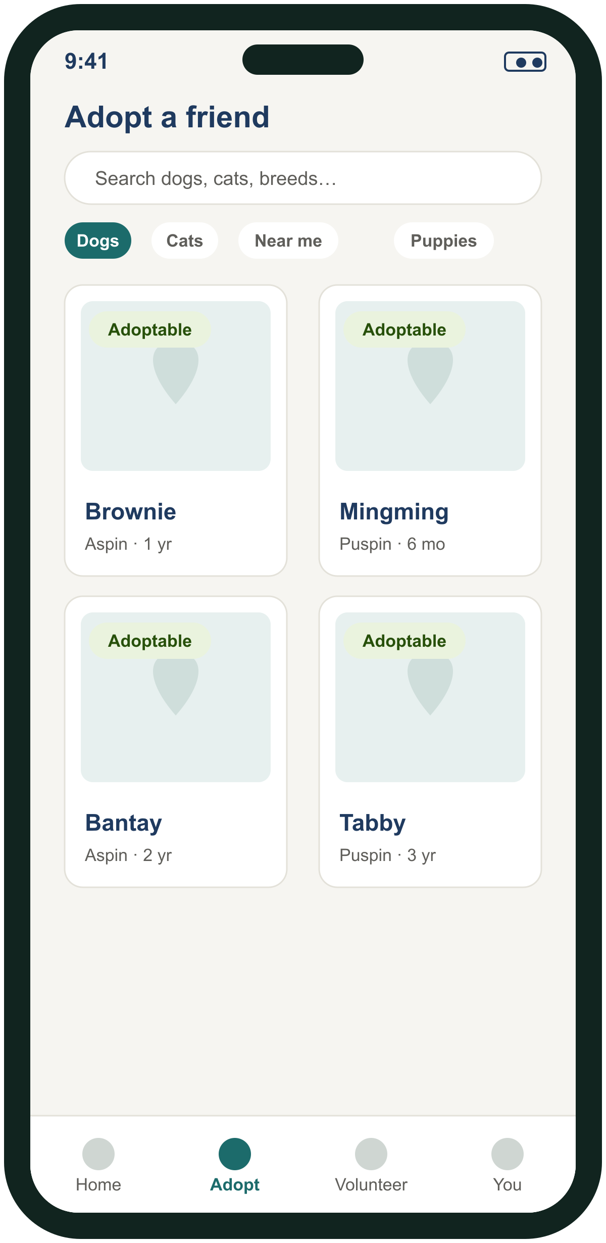 Kupkop PH adoption browse screen mockup