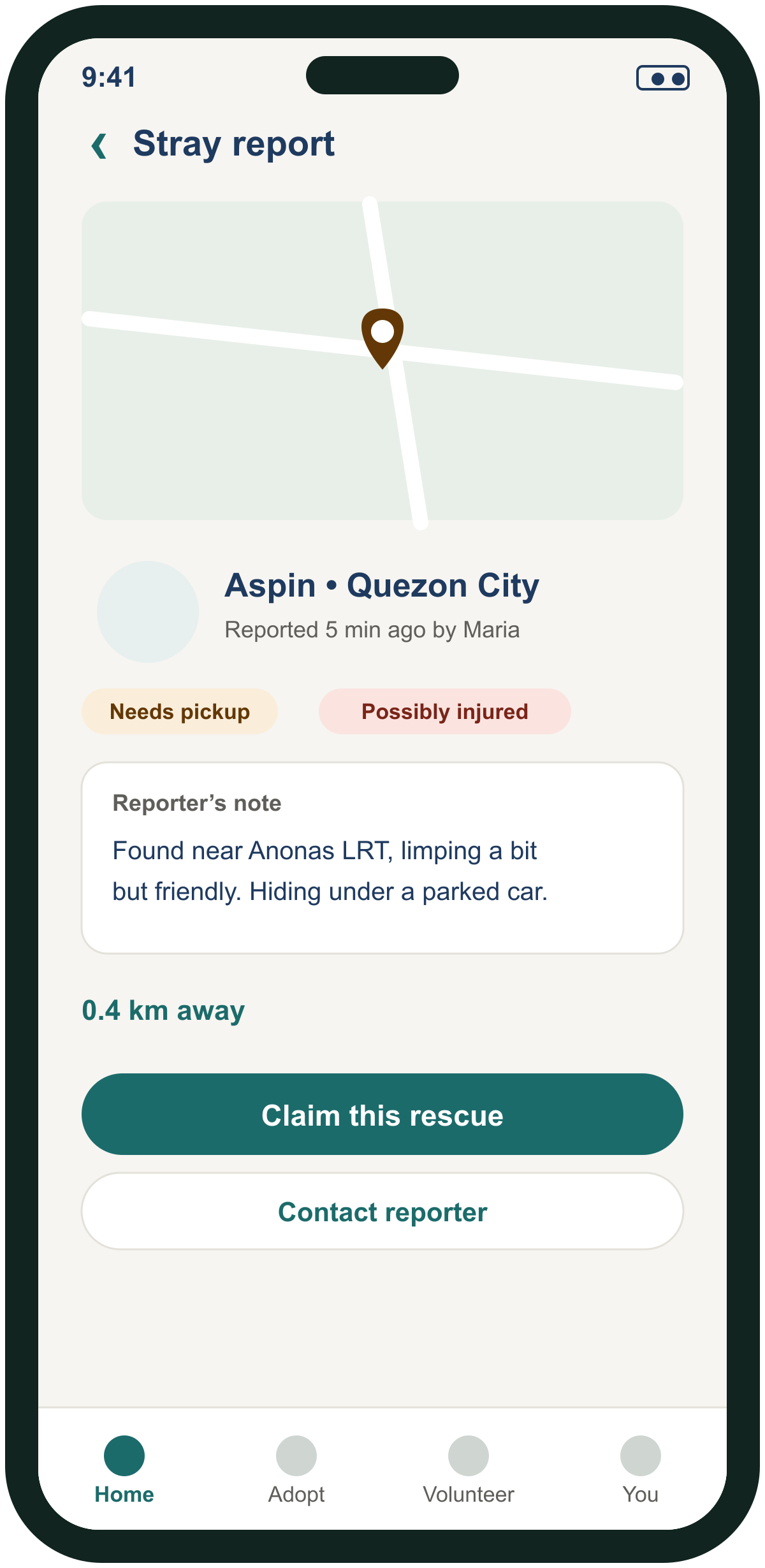 Kupkop PH rescue alert and claim screen mockup