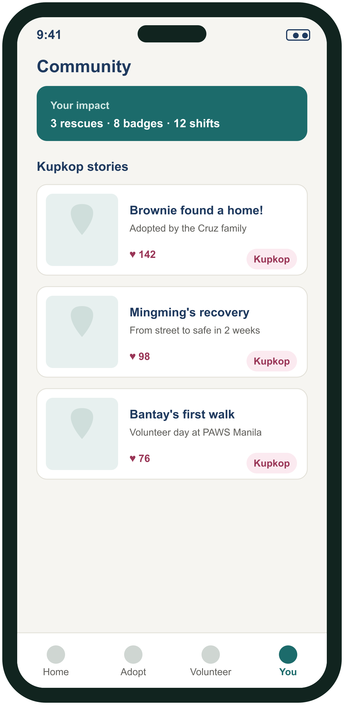 Kupkop PH community stories screen mockup